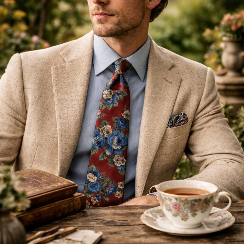 Vintage Adam’s Row Floral Tie • Red & Blue Botanical Print • Classic Menswear